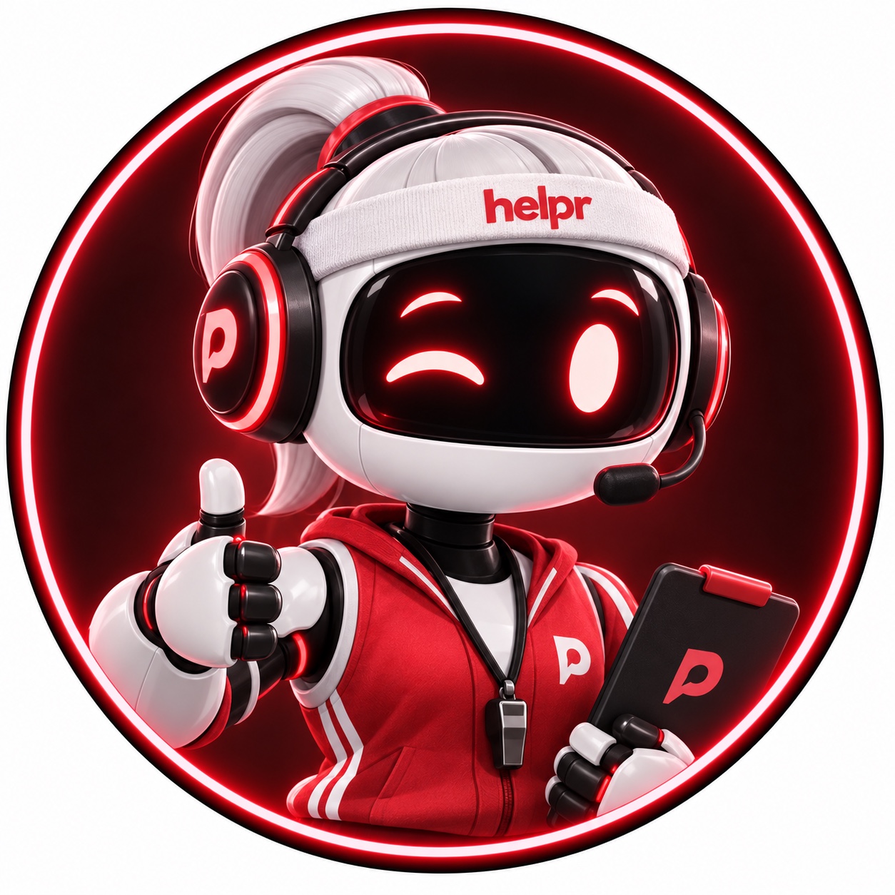 Rita, Helpr’s red and white robot coach with a headset